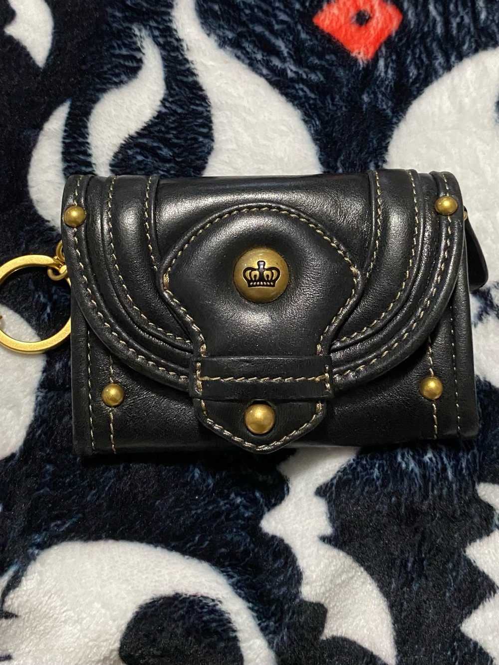 Juicy Couture Black Leather Key Wallet with Crown Button
